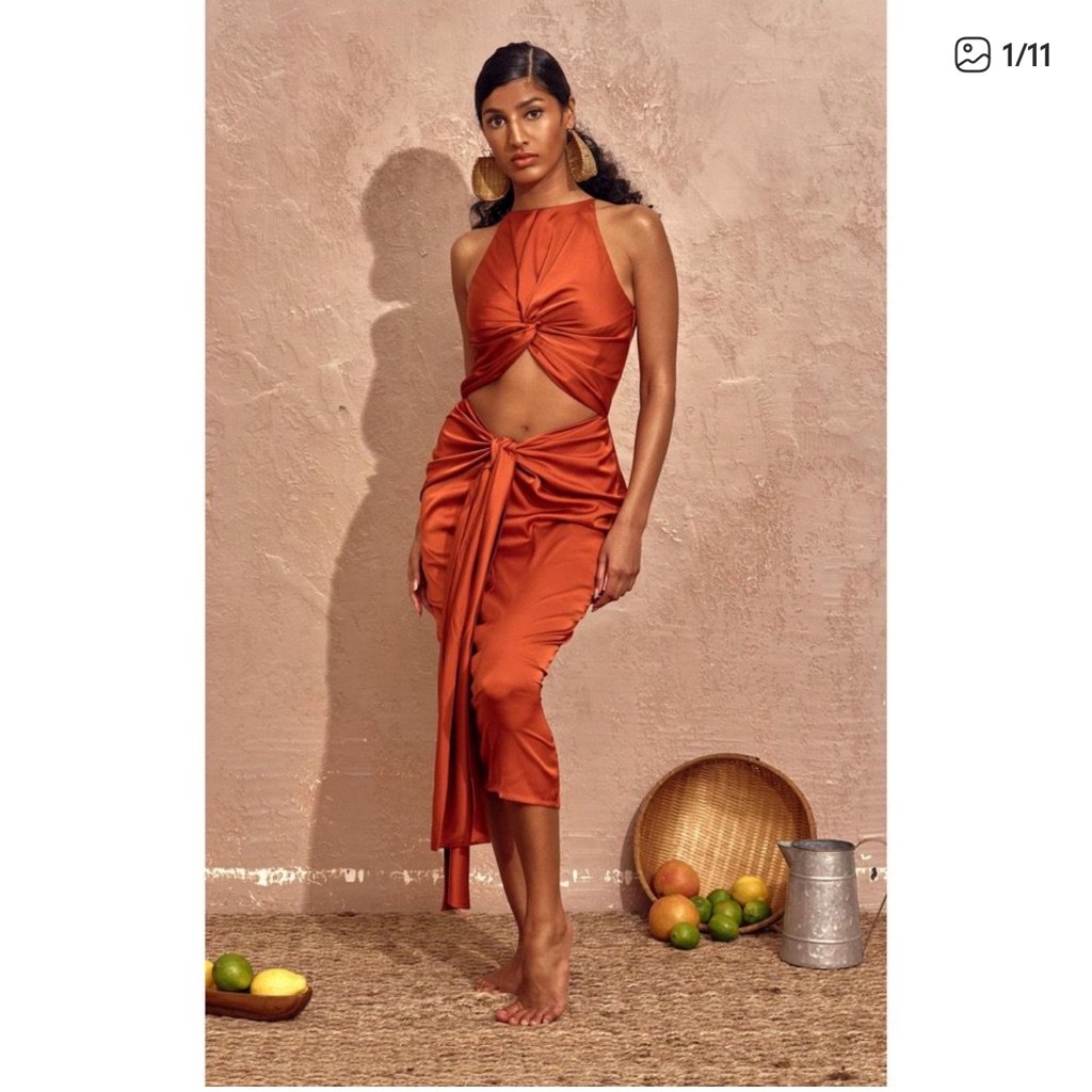 Andrea Iyamah Reni Cut-Out Midi Dress Satin Orange Small